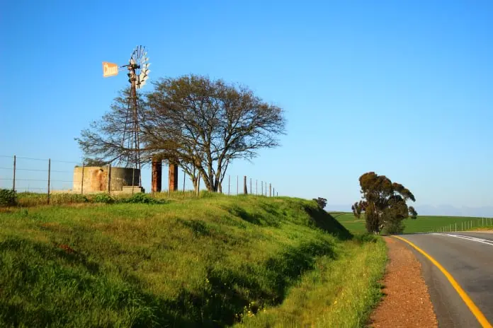 An open road leading towards a tree and windmill